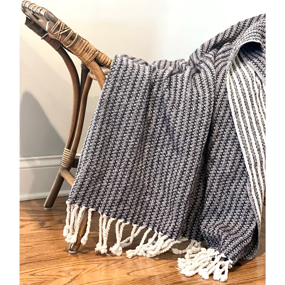 Tommy Hilfiger Throw Blanket 100% Cotton Navy Blue Nautical Beach House Fringe